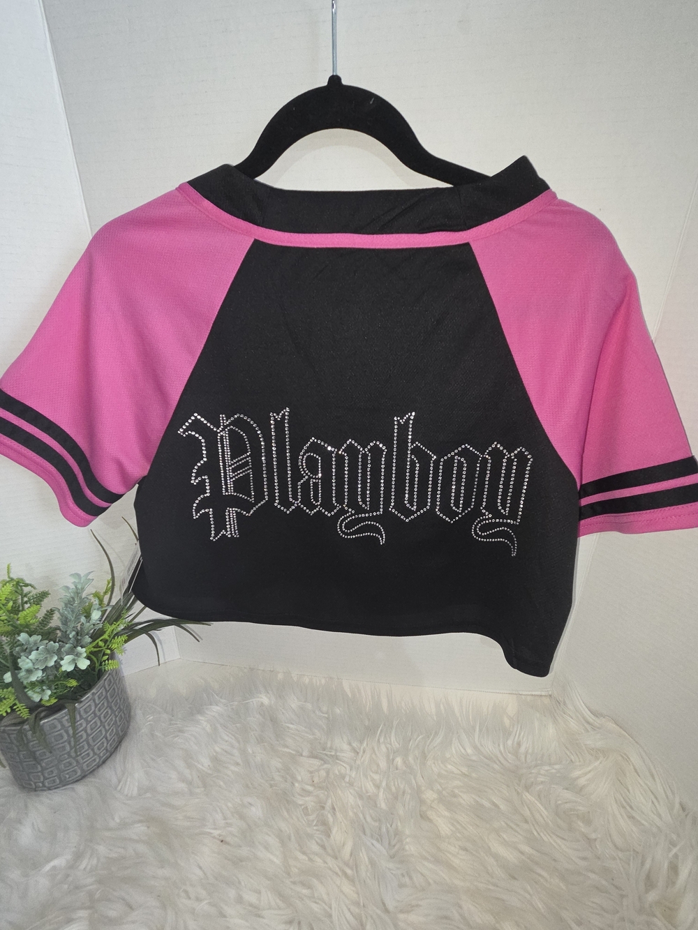NWT PLAYBOY Black and Hot Pink Rhinestone Bunny Baseball Jersey. Size Small - Picture 4 of 9